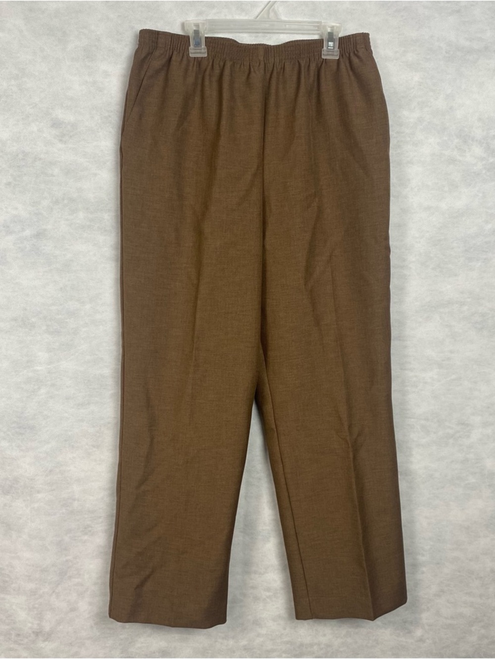Alfred Dunner Women Petite Elastic Hi Waist Pull On Brown Straight Leg Pants 12P